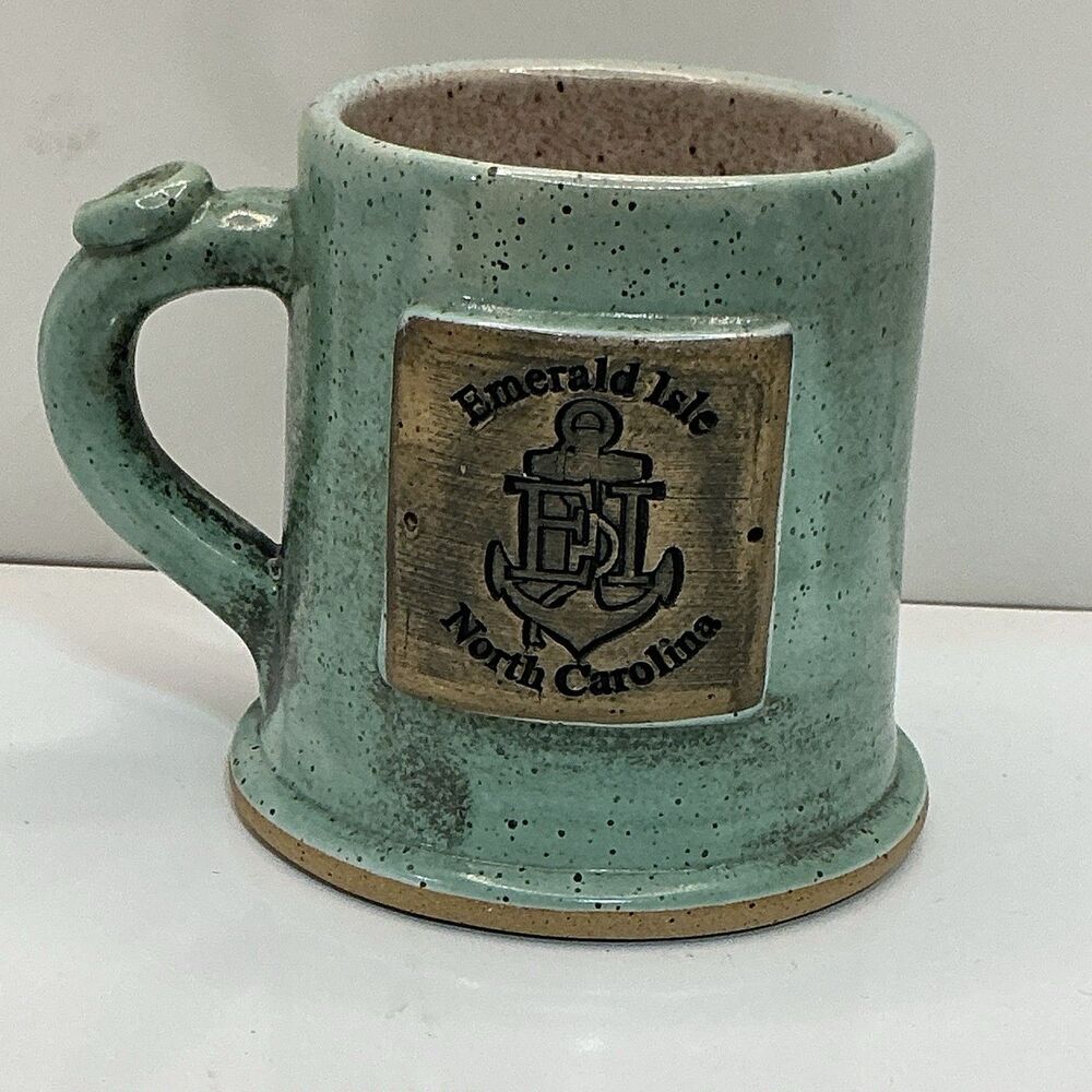 NC Pottery Mug Emerald Isle North Carolina Stoneware Anchor Logo Coastal USA